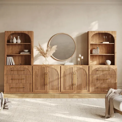 Vista 71 de BELLEZE Centro de entretenimiento modular de 4 piezas con almacenamiento, 2 vitrinas de madera moderna con gabinete arqueado y 2 armarios de puerta