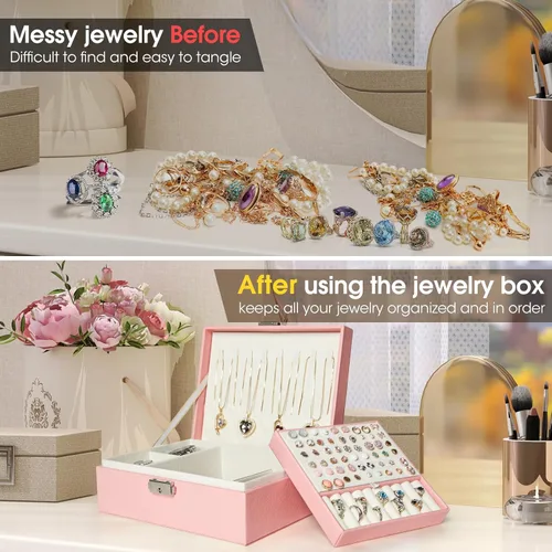 Vista 5 de Joyero organizador para mujeres y niñas, 2 capas de viaje con rollo de joyería plegable, juego de almacenamiento de joyas de cuero para anillos