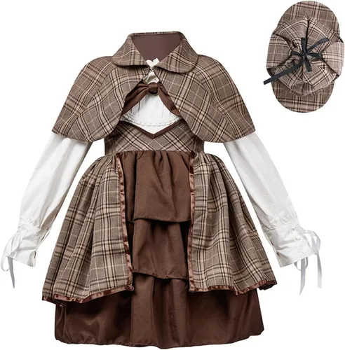 Vista 5 de MRAFDGFB Trajes para recién nacidos para niñas pequeñas y grandes, estilo británico, traje de detective para niña, chal a cuadros, medieval, hinchado