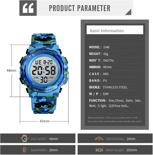 Vista 4 de FIZILI Reloj digital deportivo impermeable para niños, reloj despertador de 1224 H, cronómetro, calendario de 3 a 15 años, reloj de pulsera