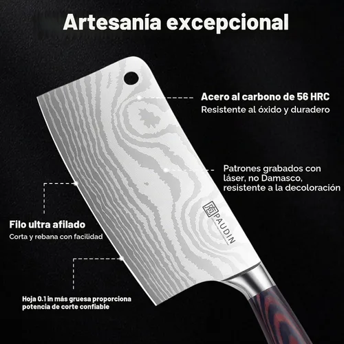 Vista 6 de Cuchillo PAUDIN, cuchillo de carnicero ultra afilado de 7 pulgadas, cuchillo de carnicero de acero inoxidable de alto carbono con mango de madera