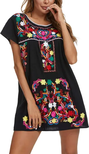 Vista 29 de YZXDORWJ Vestido bordado mexicano de manga corta para mujer 222BK