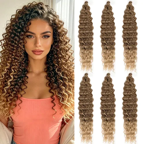 Vista 35 de MAYSA Cabello ondulado de ganchillo azul, cabello ondulado con ganchillo para mujer, extensiones de cabello sintético de onda profunda de 22
