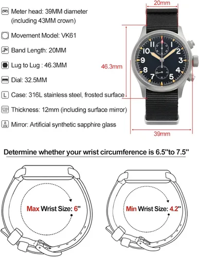 Vista 3 de TACTICAL FROG Militado Militado Relojes Militares para hombre cronógrafo 1.535 in Pilot VK61 Movimiento de cuarzo Casual Relojes de pulsera