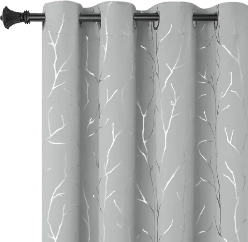 Vista 10 de BUHUA Cortinas pequeñas para ventana de 36 pulgadas de largo, 2 paneles, cortinas opacas con elegantes ramas de árbol plateadas, cortinas de bloqueo