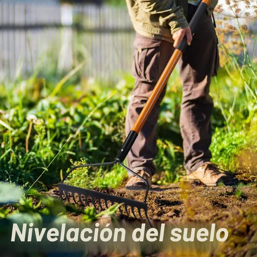 Vista 6 de VNIMTI Rastrillo de jardín para jardinería, rastrillo de jardín resistente para césped, rastrillo de arco de 14 dientes con mango de fibra