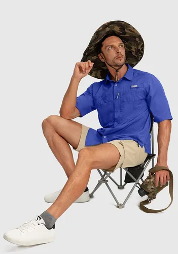 Vista 6 de Camisas de pesca para hombre con bolsillos con cremallera, UPF 50+, ligeras, frescas, de manga corta, con botones, para hombre, casual, senderismo
