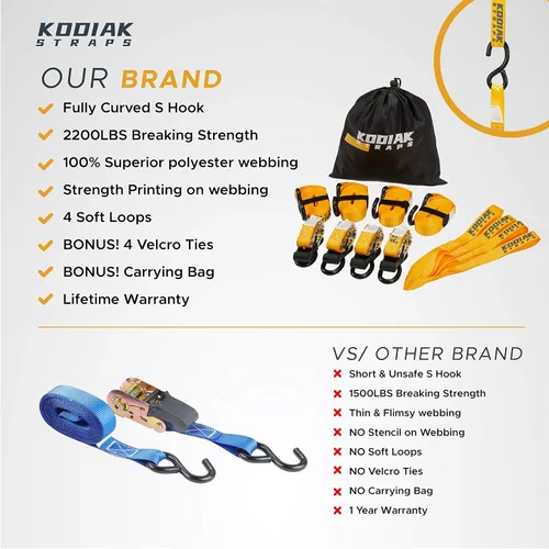 Vista 5 de KODIAK STRAPS Juego de correas de trinquete resistentes con 2200 correas de amarre de resistencia a la rotura 1 pulgada x 17 pies, paquete de 4