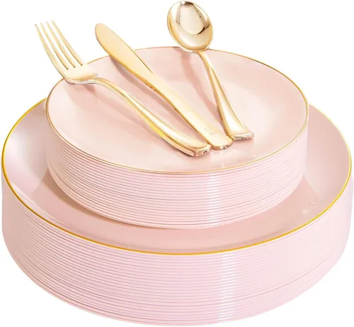 Vista 18 de YOUBET 125 piezas de platos de plástico negros y dorados - Platos desechables negros con borde dorado - Incluye 25 platos de cena, 25 platos