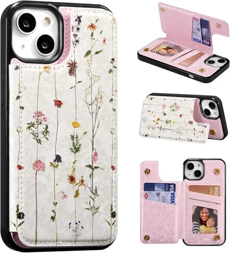 Vista 23 de UEEBAI Funda tipo cartera para iPhone 13 con tarjeteros, piel sintética, diseño floral, función atril, bloqueo RFID, doble cierre magnético, funda
