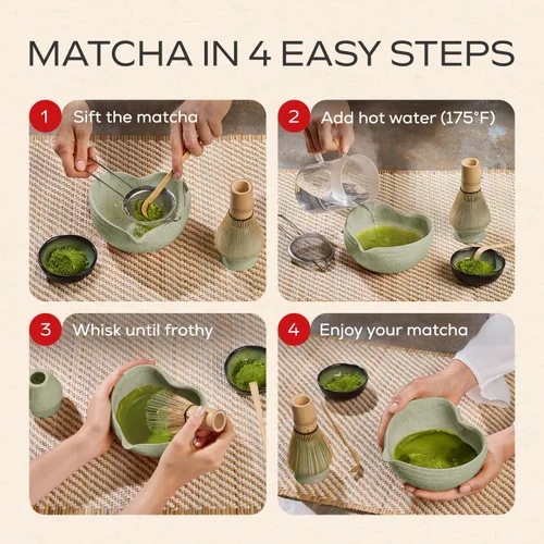 Vista 5 de Rehny's Juego de batidor Matcha Juego completo de matcha verde con cuenco en forma de corazón, batidor de bambú, soporte, tamiz de acero