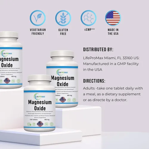 Vista 2 de Suplemento de magnesio de 400 mg [alta potencia] – Óxido de magnesio para apoyo inmunológico, recuperación muscular, calambres en las piernas