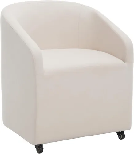 Vista 7 de Sillas de comedor de barril con ruedas, sillas tapizadas de lino beige para comedor y cocina, sillón lateral moderno con ruedas para dormitorio