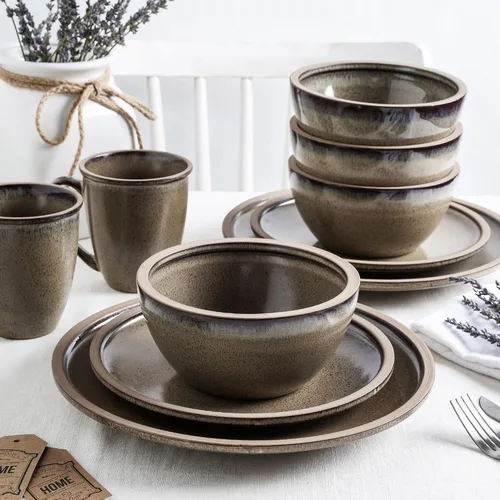Vista 6 de Stone Lain Tina Stoneware - Juego de vajilla de esmalte reactivo, servicio de 16 piezas para 4, color verde y beige