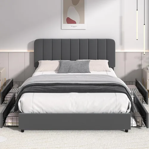 Vista 3 de VECELO - Queen Size Upholstered Bed Frame with 4 Drawers and Adjustable Headboard, Velvet Storage Platform Bed Frame, Mattress Foundation, Wood Slat