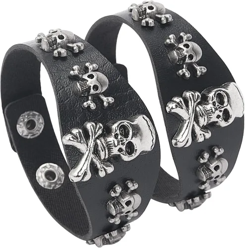 Vista 6 de Pulsera de calavera punk, brazalete de esqueleto de piel sintética para fiestas de Halloween, color negro