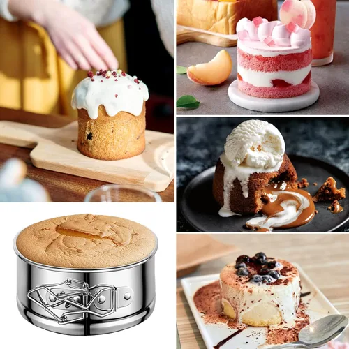 Vista 6 de Molde desmontable para tartas de 4 pulgadas, 4 piezas de moldes desmontables de acero inoxidable con 50 forros de papel, molde para cheesecake a