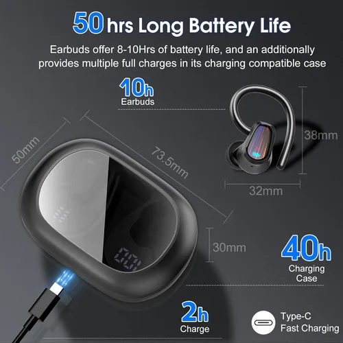 Vista 4 de Auriculares inalámbricos, Bluetooth 5.4 deportivos, auriculares con micrófono ENC con cancelación de ruido, auriculares estéreo de graves profundos