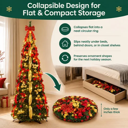 Vista 5 de Árbol de Navidad desplegable de 5 pies con luces LED Árbol artificial plegable preiluminado, decorado con Navidad, plegable para interiores, espacio