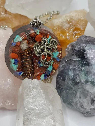 Vista 9 de Hubbering Dragon Angel Quartz Copper Wrapped Power Packed Crystal With Mixed Stones Disk Orgone Pendant - Unique Handcrafted Orgonite