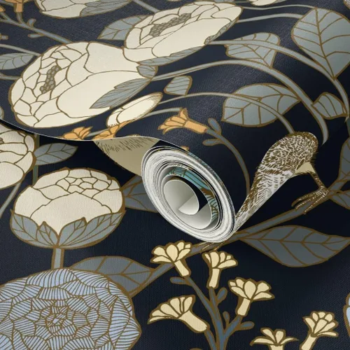 Vista 2 de Papel tapiz para despegar y pegar, diseño de pájaros negros con diseño de jardín de invierno, diseño de pájaros negros y oscuro, papel tapiz