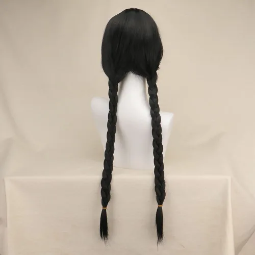 Vista 3 de Peluca larga negra trenzada para Wednesday Addams, Wednesday Addams, disfraz de Addams, trenzas de pelo para niños, niñas, Halloween, fiesta