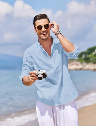 Vista 4 de COOFANDY - Camisa de lino y algodón con cuello Henley, de manga larga, estilo hippie, informal, camisetas de playa