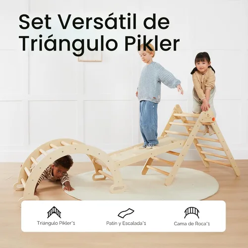 Vista 2 de Tiny Land Juego de Triángulo Pikler, Juego de Juguetes de Escalada de Triángulo Pikler Plegable 7 en 1 para Niños, Parque Infantil
