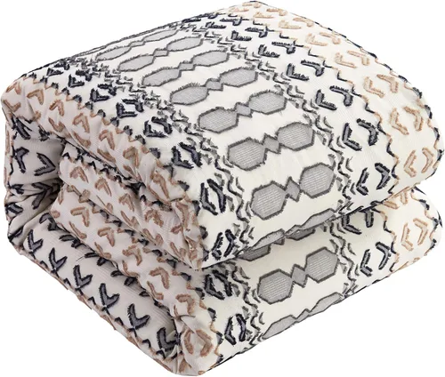 Vista 2 de Chic Home Gabriella - Juego de edredón de algodón de 5 piezas con diseño de rayas geométricas, tamaño Queen, beige