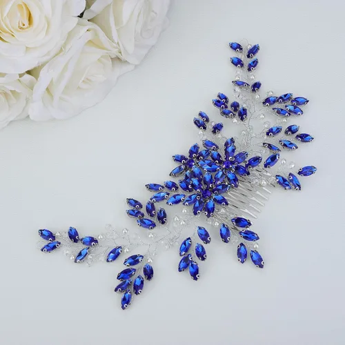 Vista 2 de Peine para el pelo, para mujer, hecho a mano, con diamantes de imitación azules, para boda, boda, fiesta, regalo del día de la madre