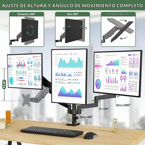 Vista 5 de Soporte de escritorio para monitor triple con resorte de gas para pantallas
