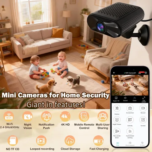 Vista 2 de Mini cámara – Cámara inalámbrica WiFi 4K portátil con visión nocturna, detección de movimiento, aplicación de teléfono Live View – Cámara