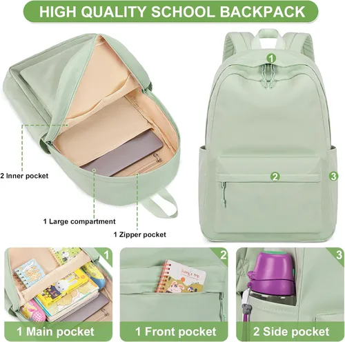 Vista 3 de Bluboon Mochila para la escuela, mochila para niños, adolescentes y niñas, mochila para computadora portátil, regalos para mujeres, Verde