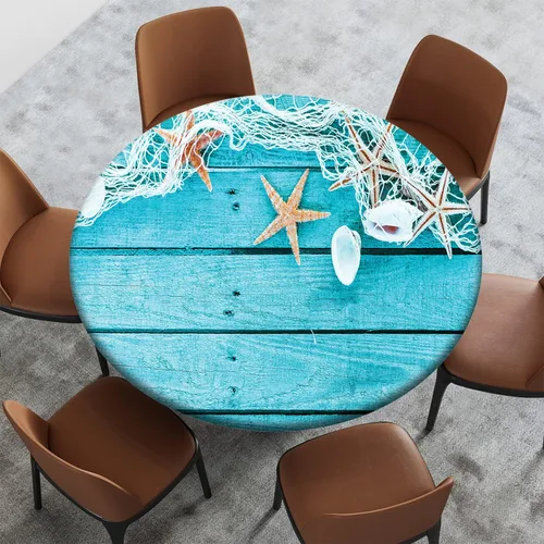Vista 2 de Mantel redondo ajustable con patrón marítimo, borde elástico, adecuado para catering y cocina, se puede limpiar con el mantel de mesa redonda