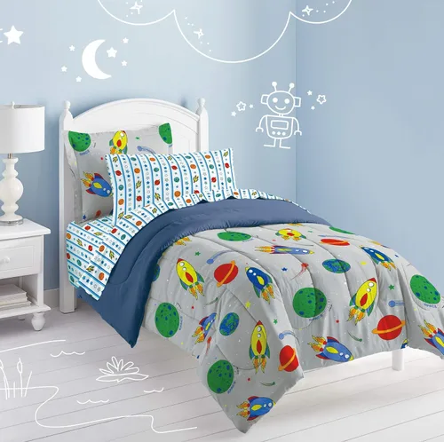Vista 90 de Dream Factory Dinosaur Blocks - Juego de edredón de microfibra ultrasuave para niños, color azul, tamaño individual Bloques de dinosaurios azules