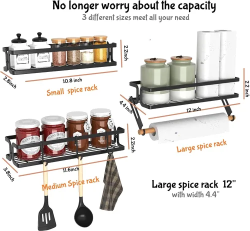 Vista 2 de Soporte de pared para especias, negro, paquete de 3 Paper Towel Holder and Hooks, Screw or Adhesive Hanging, Space Saving, For Seasonings, Stove