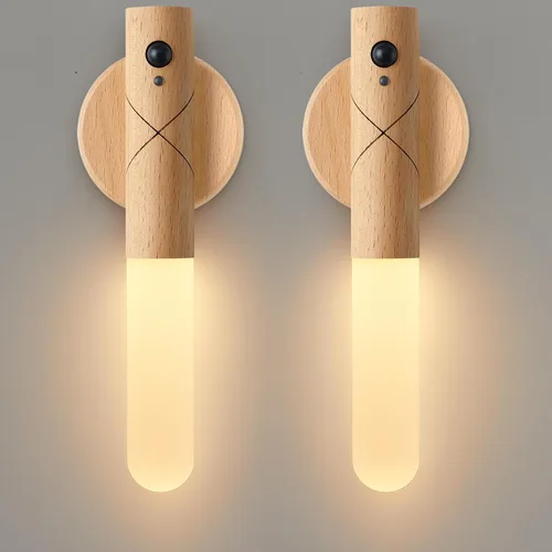 Vista 7 de Juego de dos apliques de pared que funcionan con pilas, luz nocturna con sensor de movimiento, aplique de pared recargable, luces de despegar
