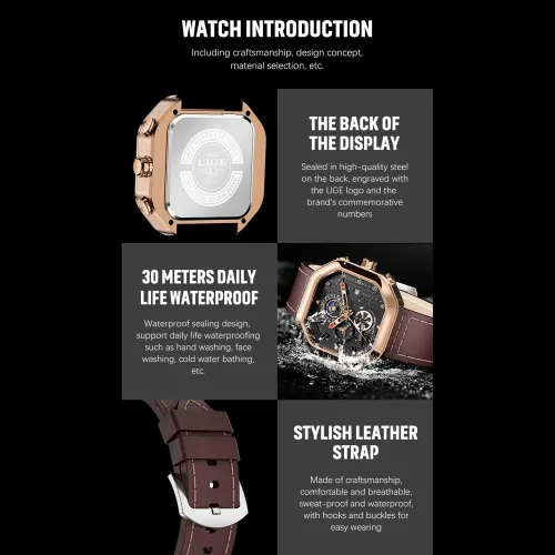 Vista 6 de Weicam Reloj de pulsera de cuarzo analógico de lujo con esfera cuadrada y cronógrafo, impermeable, para hombre y niño
