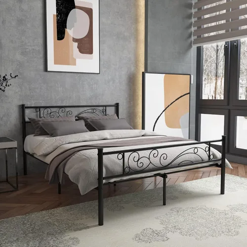 Vista 3 de Base de cama de metal con cabecero y estribo, no necesita somier, plataforma completa, color negro
