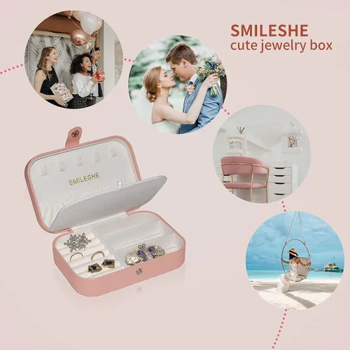 Vista 3 de Smileshe Joyero estuche de viaje portátil pequeño de piel sintética organizador de 2 capas caja de almacenamiento para anillos aretes collares
