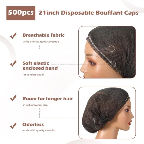 Vista 2 de Yahenda 500 gorras desechables Bouffant a granel para el cabello, redecillas elásticas para el polvo, para servicio de alimentos, enfermeras Negro