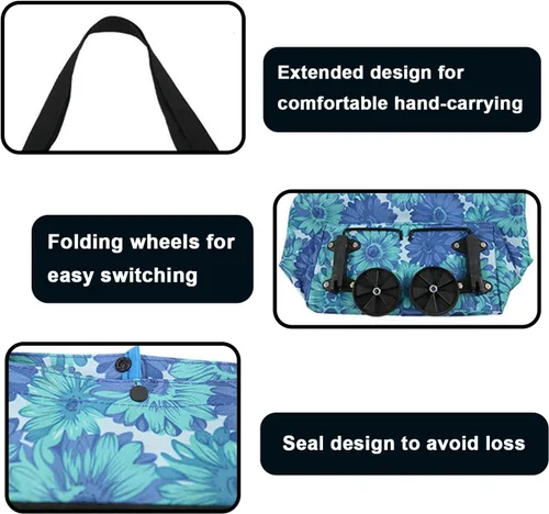 Vista 6 de Bolsa de compras plegable con ruedas, bolsas de carretilla plegables, bolsas de comestibles, carrito de compras, para compras, viajes de picnic