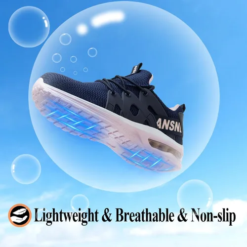 Vista 4 de Zapatos de punta de acero para mujer, zapatos de trabajo de seguridad indestructibles, con amortiguación de aire, ligeros, transpirables, zapatos