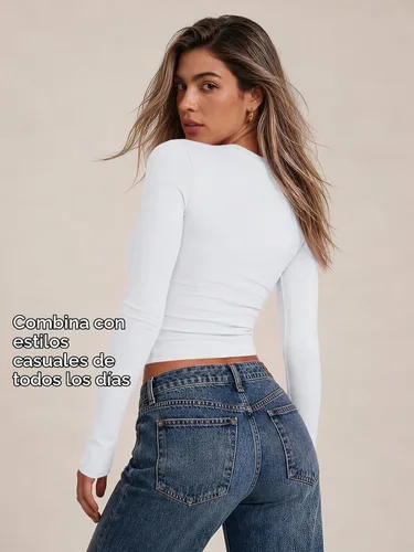 Vista 6 de AUTOMET - Camisetas ombligueras de manga larga para mujer, básicas, de compresión, para salir, otoño, ropa de moda del año 2000 Blanco