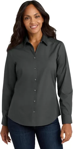 Vista 15 de Port Authority Camisa de popelín con manga larga y botones sin preocupaciones para mujer