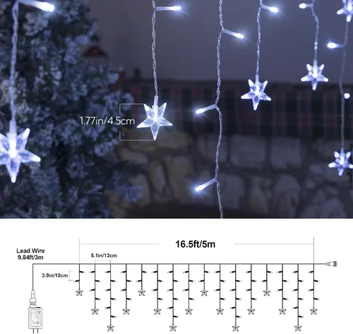 Vista 4 de oopswow 200 luces LED de carámbano de 16.5 pies para exteriores, cortina de carámbano blanca, 40 gotas, 8 modos con temporizador, luz de estrella