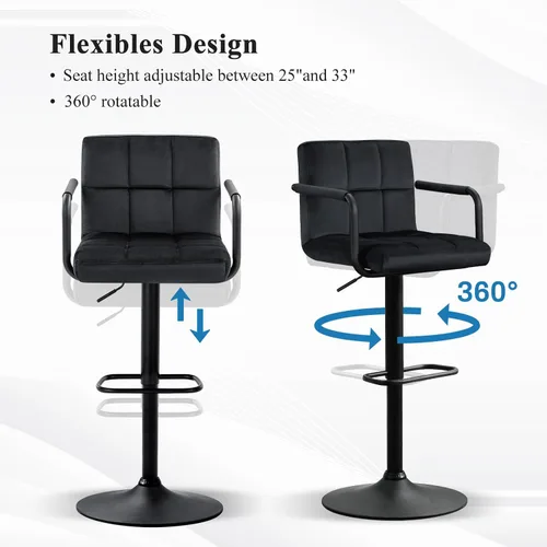 Vista 4 de Furniliving Taburetes de bar ajustables con respaldo, juego de 2 taburetes de bar negros, taburetes de bar de terciopelo con giro de 360°, taburetes