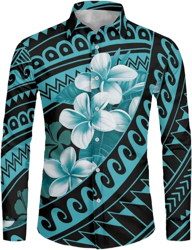 Vista 2 de Camisetas polinesias de manga larga para hombre para hombre, diseño floral de plantas tropicales, camisa con botones en la parte superior