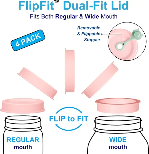 Vista 2 de CREADOR ORIGINAL - Tapas de Silicona FlipFit™ para Frascos Mason con Orificio para Pajilla - Ajuste Dual para Frascos Mason de Boca Regular y Boca