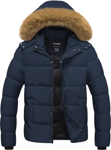 Vista 13 de Chaqueta acolchada para hombre, abrigo de invierno con capucha de piel, impermeable y resistente al viento, forro polar, 4 bolsillos
